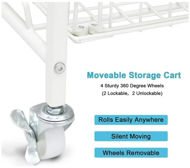Rolling Utility Cart Pantry Unit with Wheels White Kitchen Shelves Storage Basket