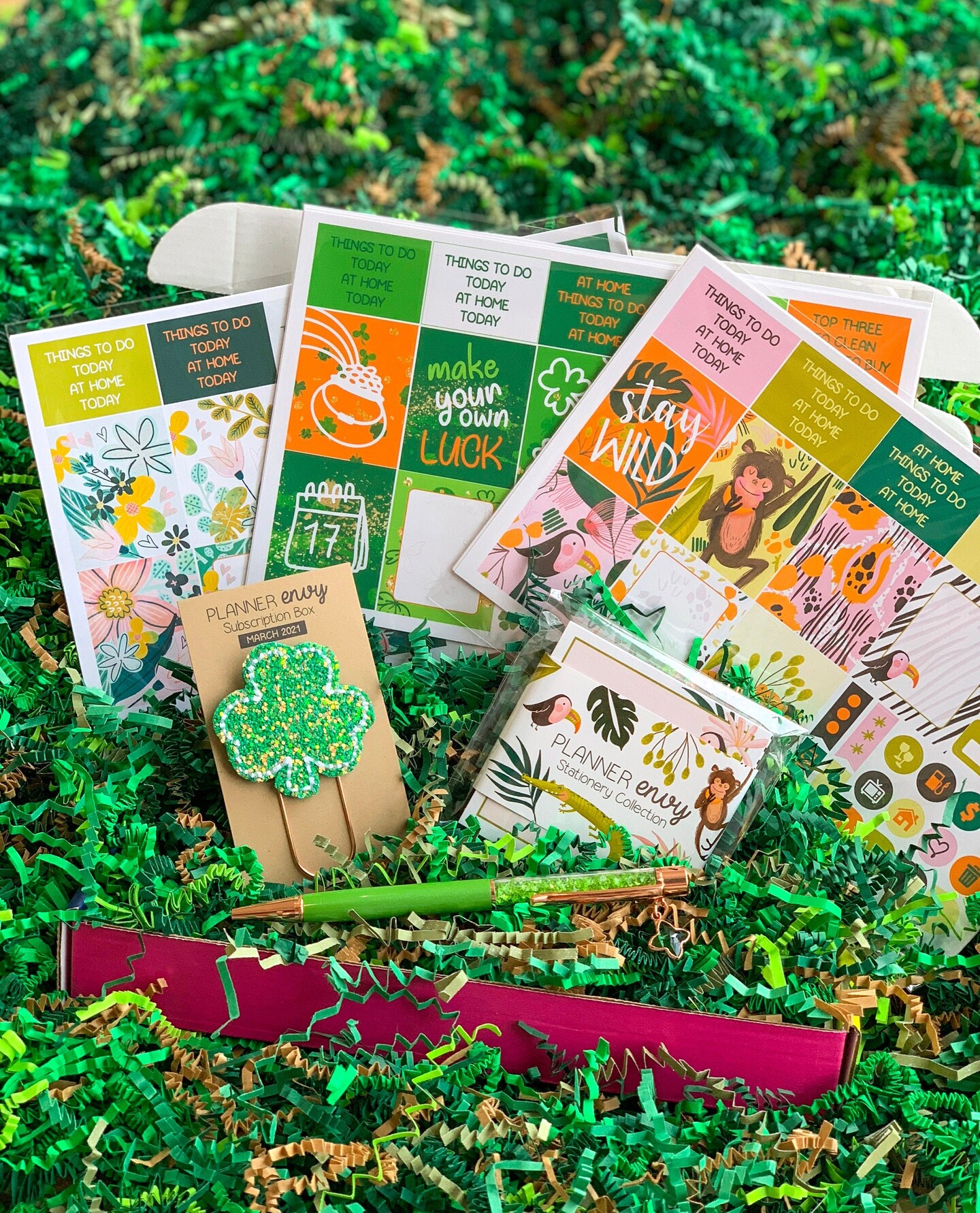 St Patricks Day, Jungle Animals, and Tropical Green Flowers Themed Box Of Planner Stickers &#x26; Accessories (#SUB2021003)