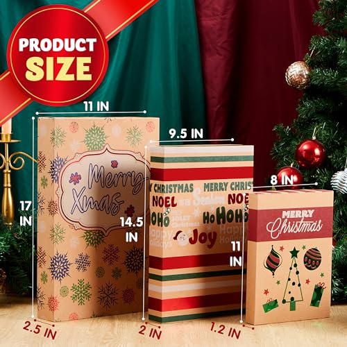 JOYIN 12 Pcs Christmas Aluminum Foil Kraft Paper Gift 3 sizes Boxes with Base, Xmas Shirt Wrap Box, Holiday Present Box for Birthday Party Favors Decorations Gift-Giving, 12 Design