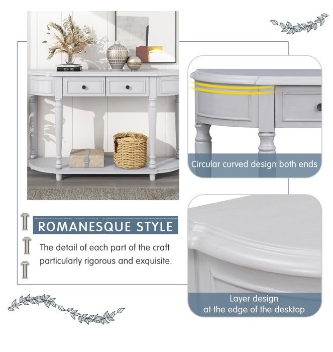 Retro Circular Curved Console Table, Half Moon Narrow Sofa Table with Open Style Shelf and 2 Top Drawers, Solid Wooden Entryway Table for Hallway Living Room Bedroom (Gray Wash)