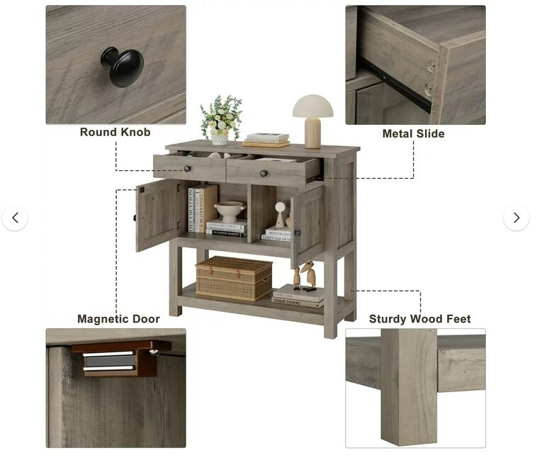 Farmhouse Console Table with 2 Drawers and Doors Gray Foyer Table with Wood Coffee Bar Sideboard for Entryway Dining Room