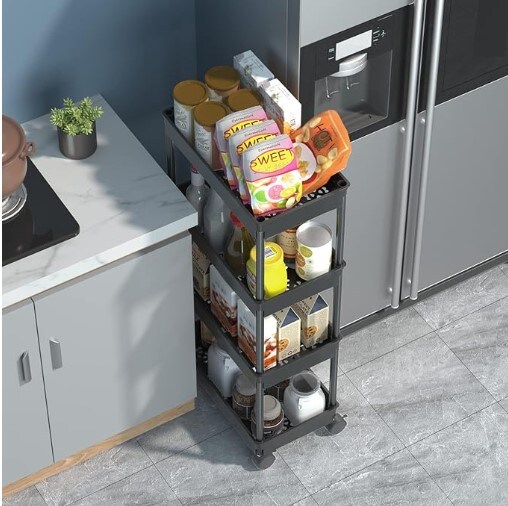 4 Tier Wide Storage Cart Mobile Shelving Unit Organizer Slide Out Rolling Utility Cart Tower Rack for Kitchen Bathroom Laundry, Plastic and Stainless Steel, Black