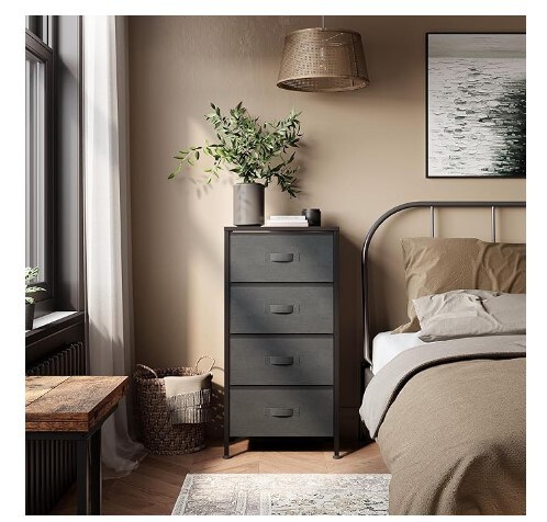 Black Four-Drawer Dresser for Bedroom, Wood Top and Steel Frame Chest of Drawers, Storage Drawers for Closet, Living Room, Hall, and Entryway