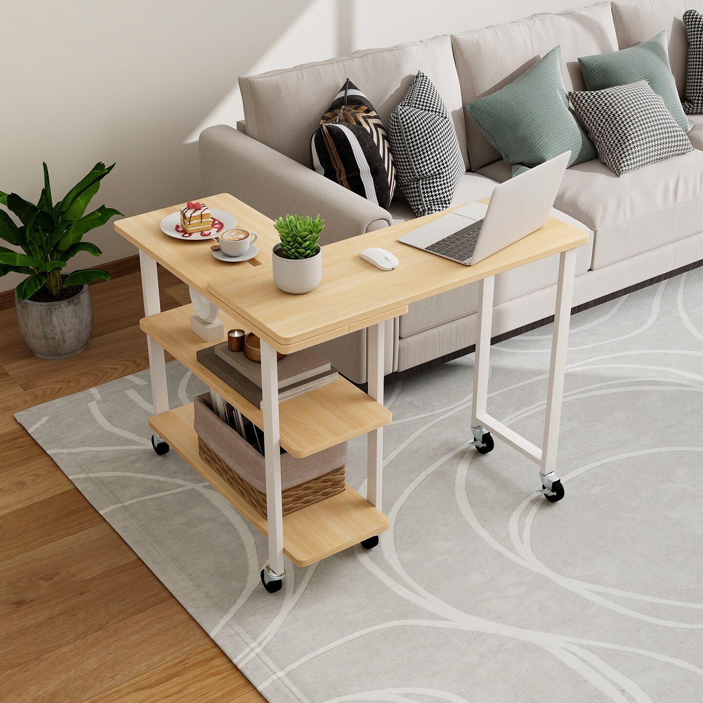 Rotating Sofa Side Table with Wheels Sliding Laptop Desk with Storage Shelves for Small Spaces