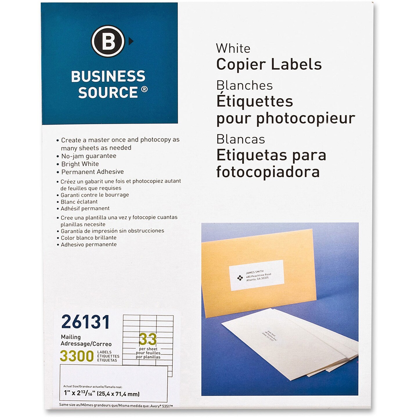 Business Source Labels, Mailing, Copier, 1" x 2-3/4", 3300 Pack, White