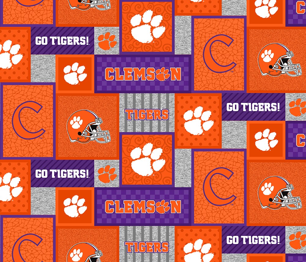 Sykel Enterprises-Clemson University Fleece Fabric-Clemson Tigers College Patch Fleece Blanket Fabric-Sold by the yard