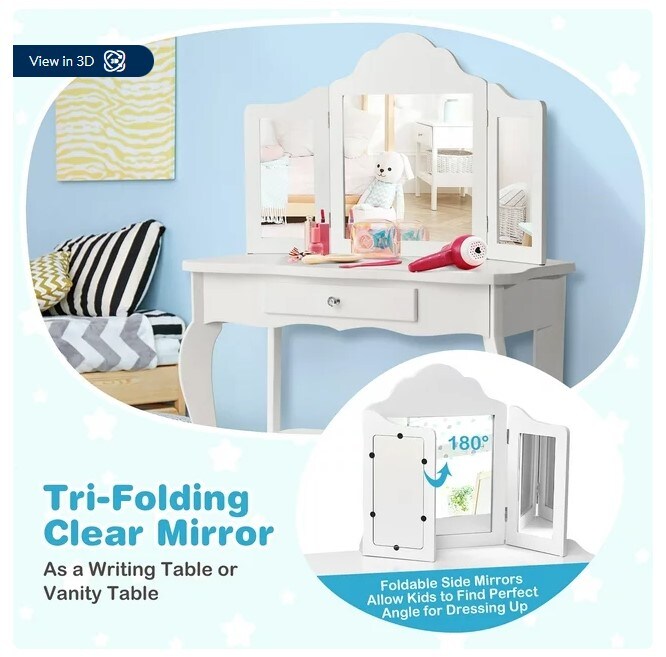 Makeup Dressing Table Kids Stool Mirror Vanity Table Set
