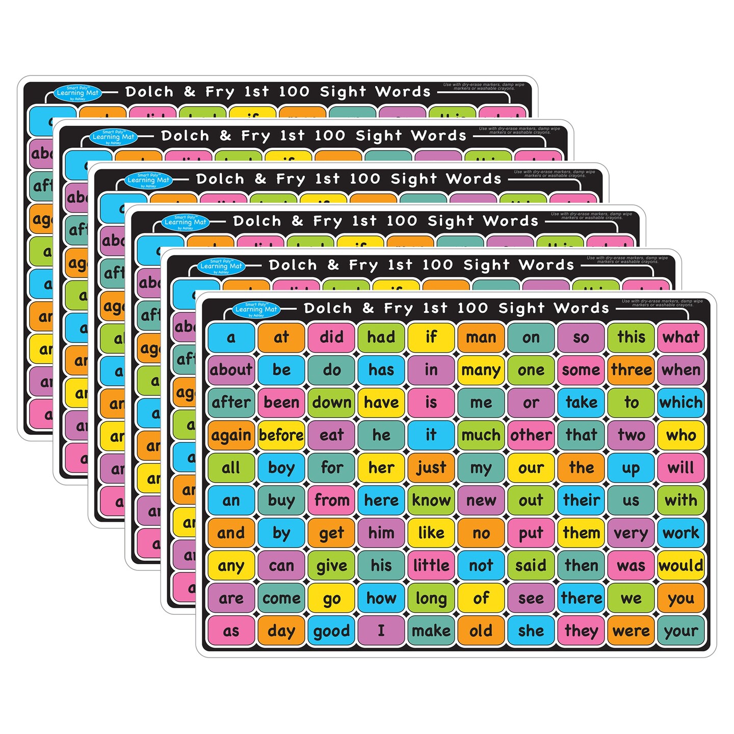 Smart Poly&#x2122; Learning Mat, 12&#x22; x 17&#x22;, Double-Sided, Sight Words 1st &#x26; 2nd 100, Pack of 6