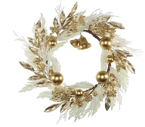 White Fake Pampas Grass Xmas Wreaths with Gold Berry Leaves Bells Balls for Windows Fireplaces Walls, Indoor and Outdoor, 19 Inch Gold Christmas Wreath for Front Door