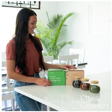 Set of 3 Small Glass Jars with Bamboo Lids - Decorative 13 Ounce Borosilicate Glass Canisters with Airtight Lids - Modern Bamboo Glass Storage Containers for Coffee, Sugar, Candy, Rice, Pasta, and More