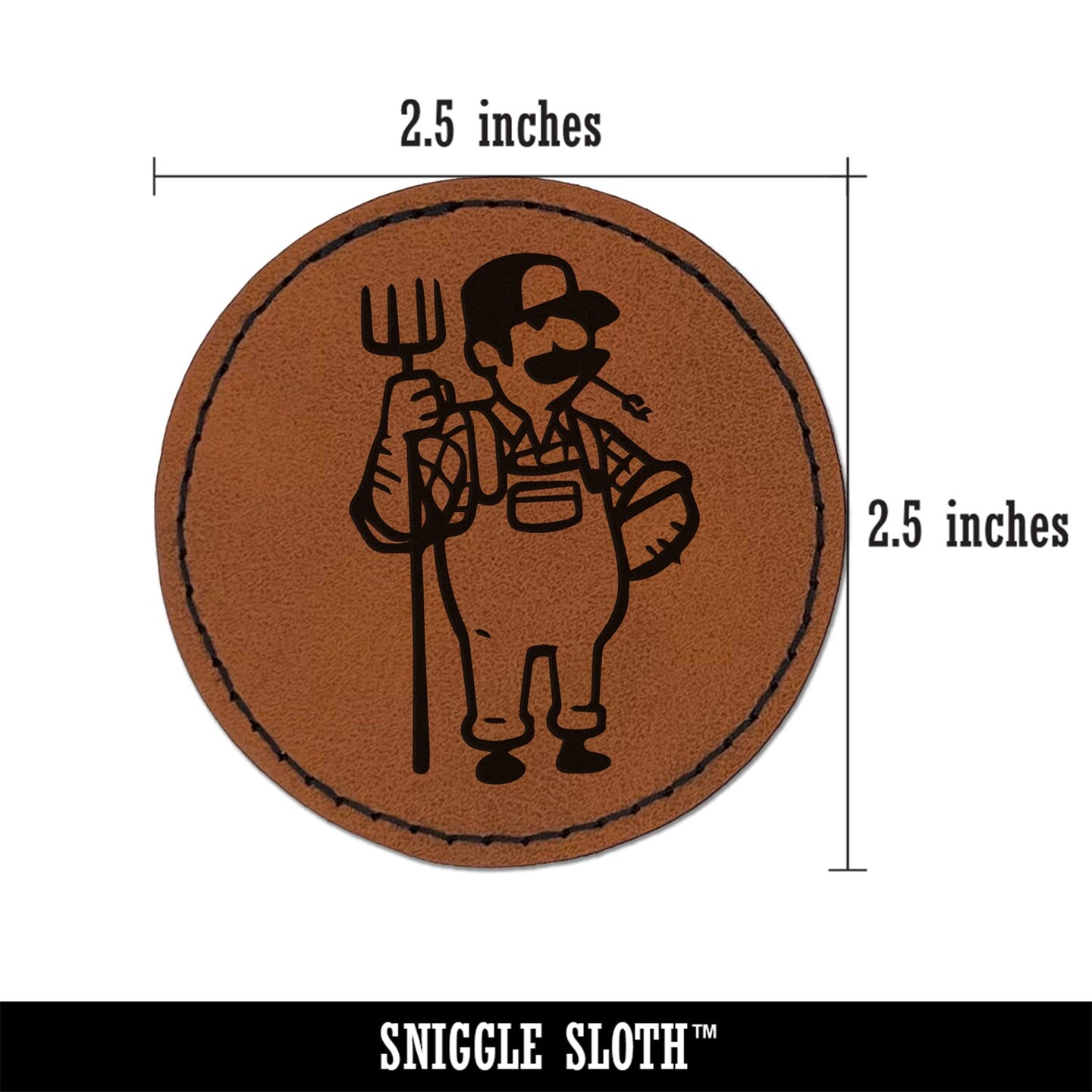 Farmer with Overalls and Pitchfork Round Iron-On Engraved Faux Leather Patch Applique - 2.5&#x22;