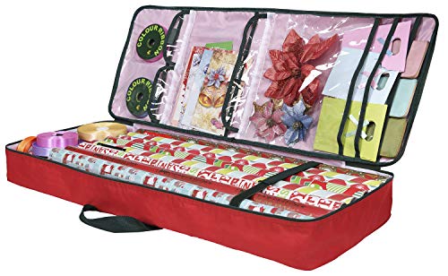 Primode Christmas Wrapping Paper Storage Bag with Pockets | Gift Wrap Organizer Container | 37&#x201D; x 14&#x201D; x 4&#x201D; | Underbed Durable Box Made of 600D Oxford Material (Red)