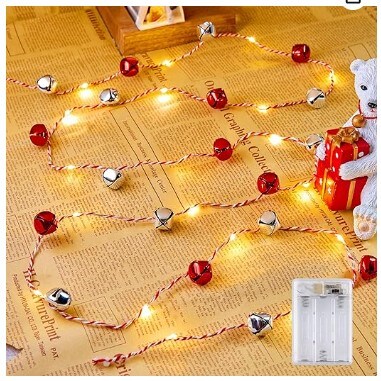Christmas String Lights, 7.2ft 20 LEDs Battery Powered Jingle Bell Lights for Indoor, Xmas Tree, Fireplace, Gift Decor (Red/Silver)