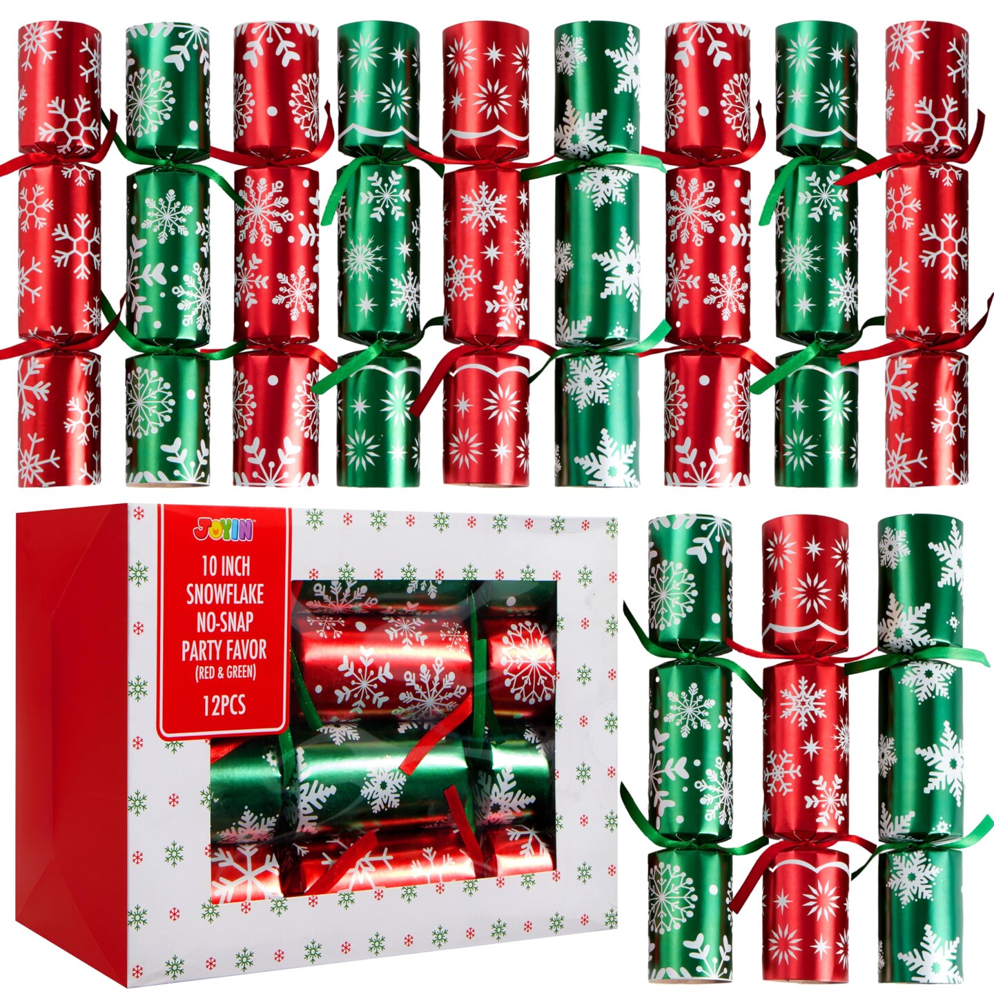 JOYIN 12 Pack Christmas Party Table Favor with Red & Green Snowflake Design, No-Snap with Party Hat, Joke & Little Gift Inside, for Xmas Gift, Christmas Seasonal Holiday Dinner Traditions