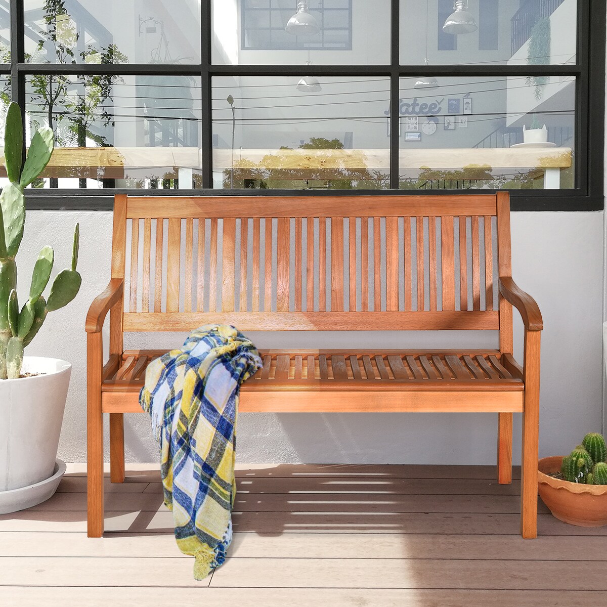 Costway 50&#x27;&#x27; Two Person Outdoor Garden Bench Loveseat Porch Chair Solid Wood W/Armrest