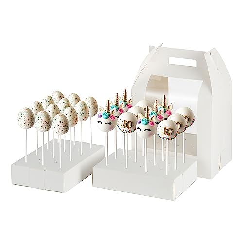 Cake Pop Boxes Packaging, 4 pcs Portable Cake Pop Holder Boxes with 18 Holes Lollipop Display Stand (White)