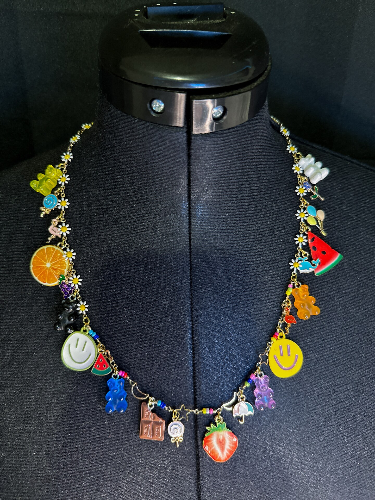 Handmade Gold Charm Necklace, Yellow Daisy Red Watermelon White Teddy Bear  Milk Chocolate Orange Blue Flower Purple Grapes Size 24” long