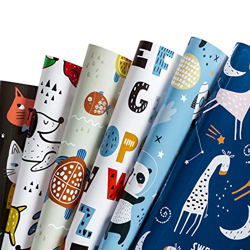 WRAPAHOLIC Wrapping Paper Sheet - Cute Animal Design for Birthday, Holiday, Party, Baby Shower - 1 Roll Contains 6 Sheets - 17.5 inch X 39.3 inch Per Sheet