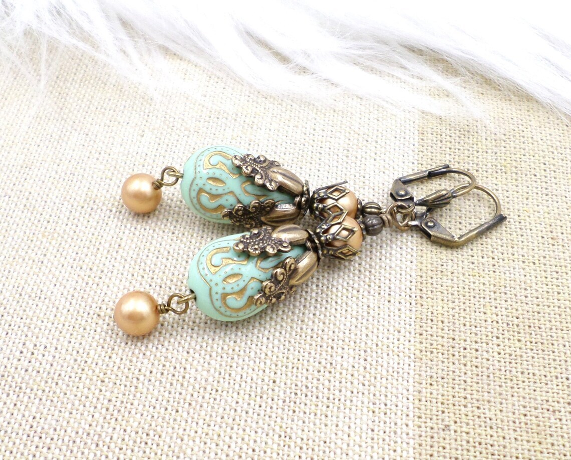 Vintage brass and green glass Victorian style outlets dangle earrings,