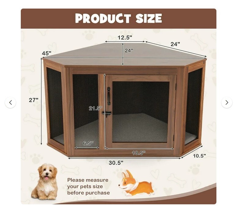 Wooden Corner Dog Crate Furniture Pet Kennel End Table Cage w/ Door &#x26; Mesh