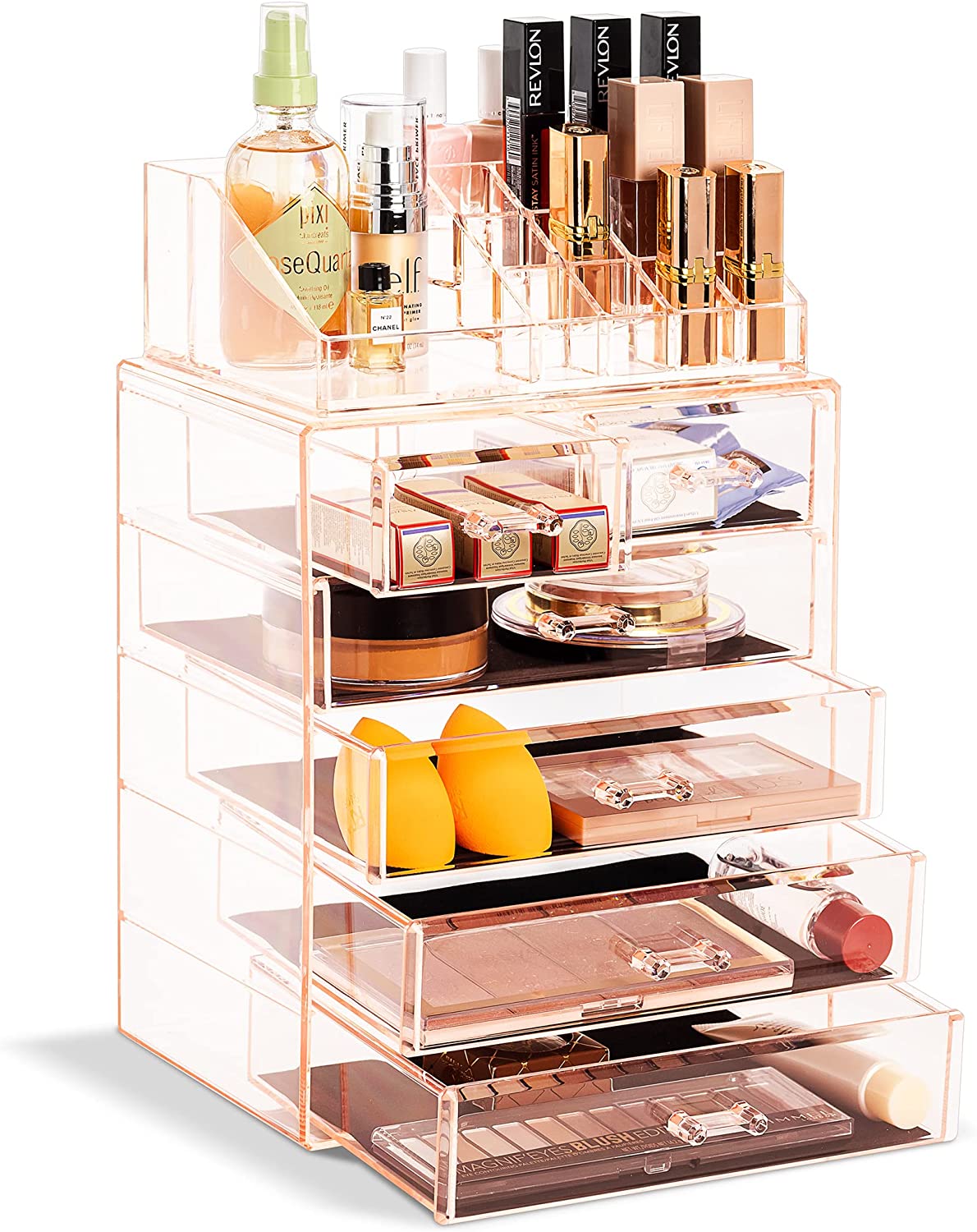 Sorbus 2 Piece Acrylic Makeup and Jewelry Storage Organizer Case (6 Drawers and Lipstick Tray)