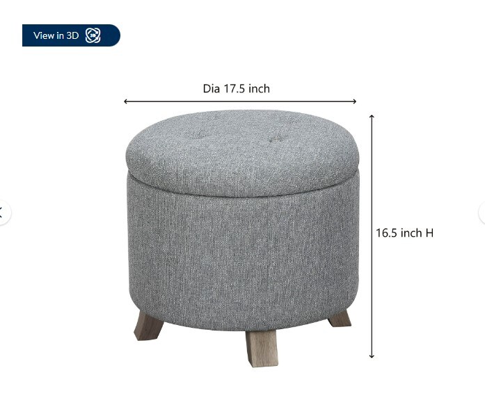 Grey Faux Linen Round Tufted Storage Ottoman