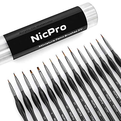 Nicpro Micro Detail Paint Brush Set,15 PCS Black Small Professional Miniature Fine Detail Brushes for Watercolor Oil Acrylic, Craft Models Rock Painting &#x26; Paint by Number -Come with Holder Bag
