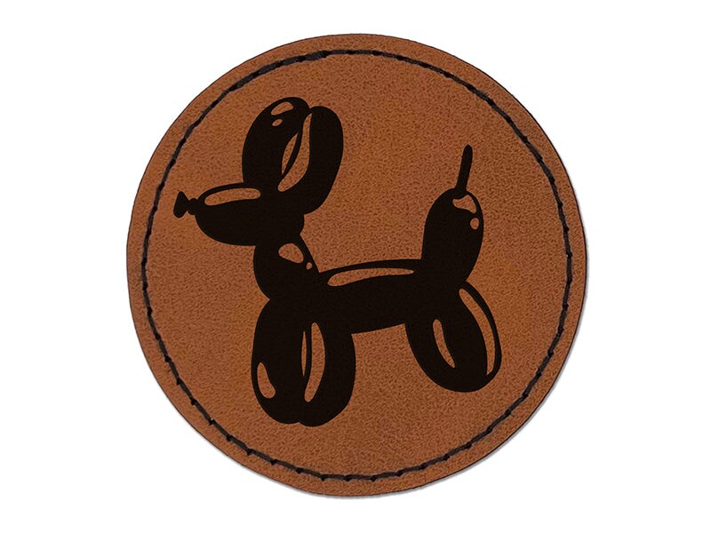 Balloon Animal Dog Round Iron-On Engraved Faux Leather Patch Applique - 2.5"