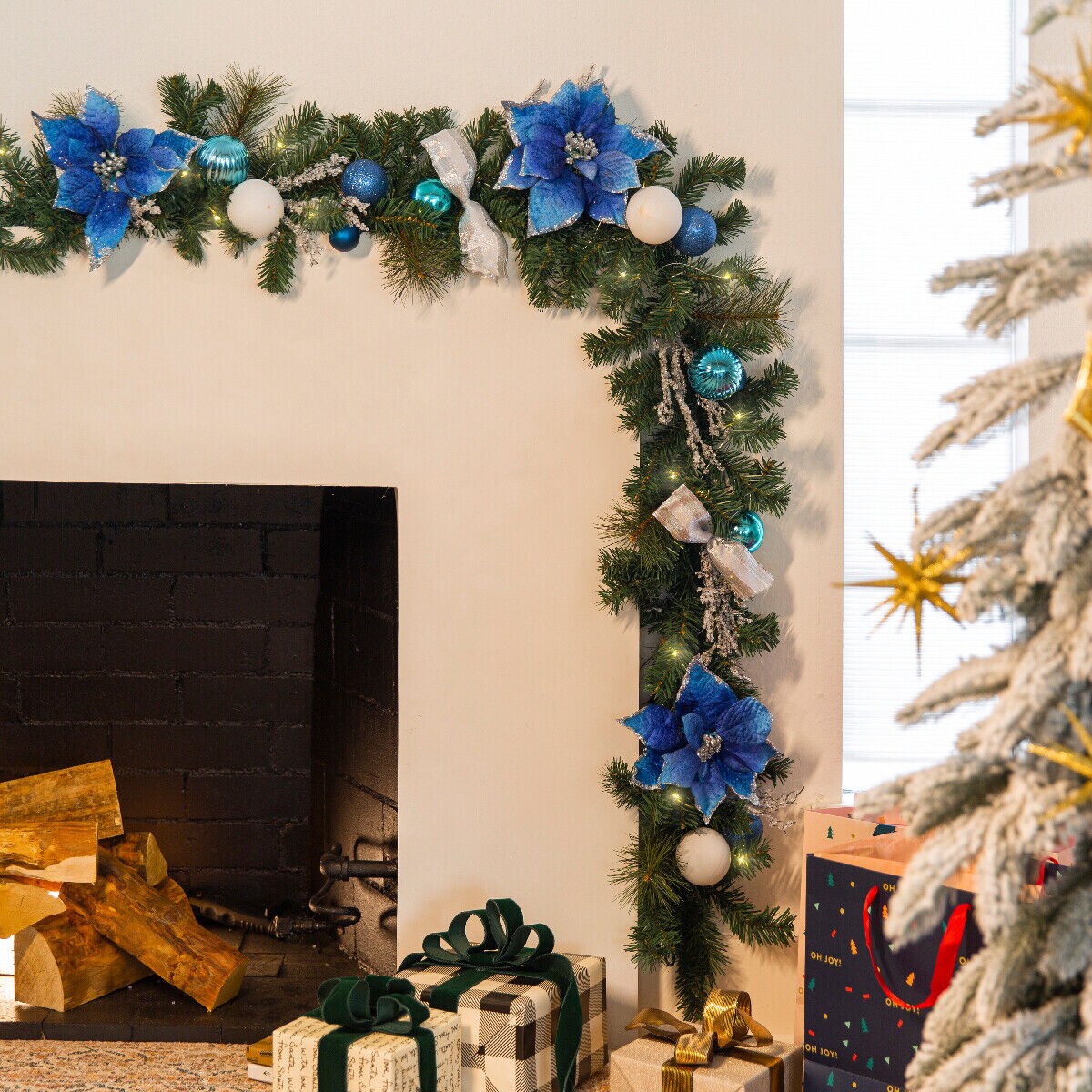 Blue and Silver Christmas Garland with LED Lights