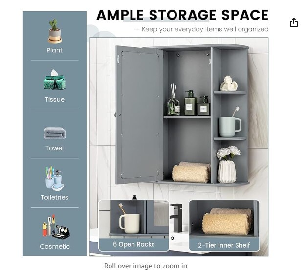 Storage Organizer with Mirror Door, Adjustable Shelves &#x26; 6 Open Racks, Space-Saving Hanging Medicine Cabinet for Living Room Kitchen Entryway (Gray)
