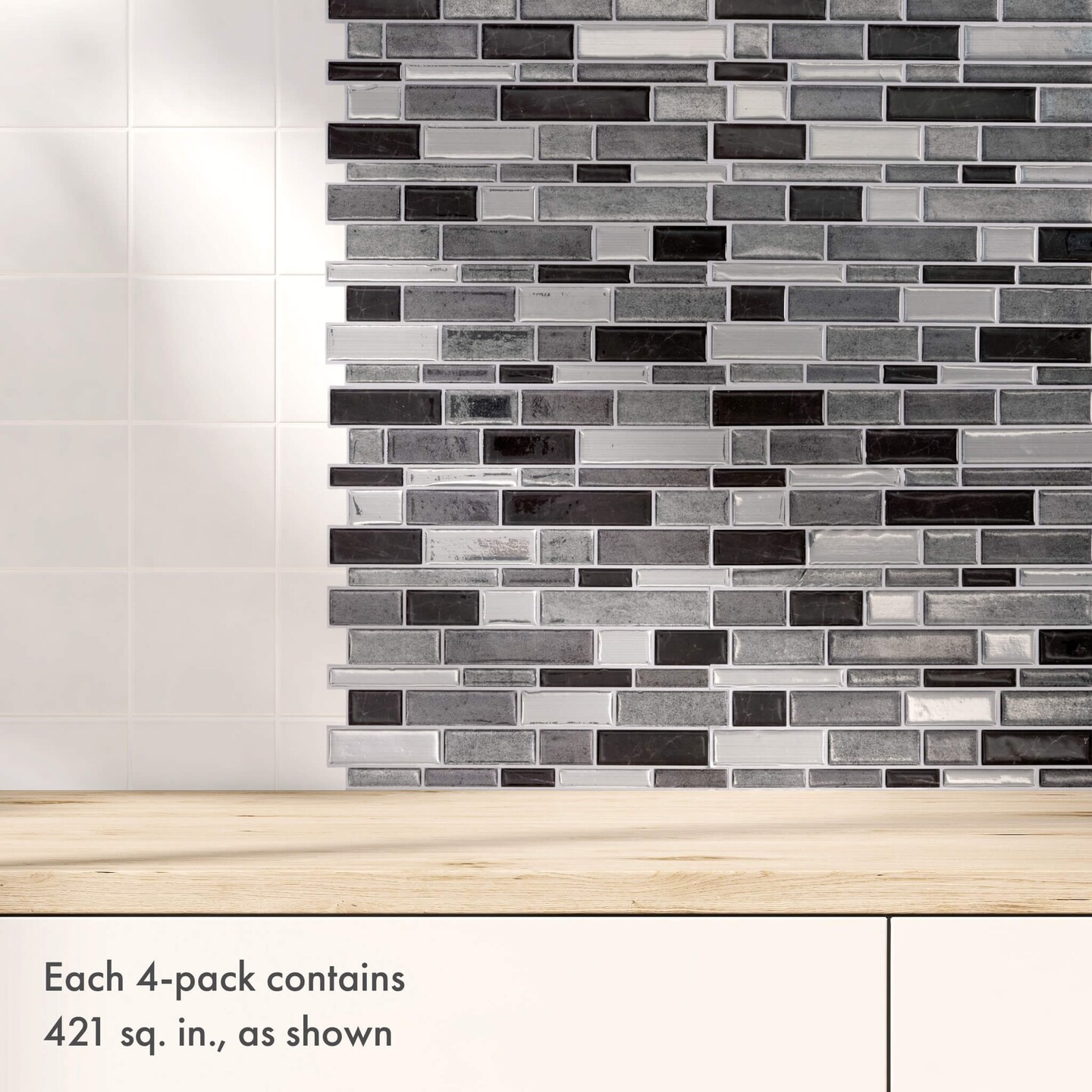 4-Pack Peel and Stick 10.5" x 10.5" Tiles Silver and Black Mosaic. Covers 2.06 Sq. Ft