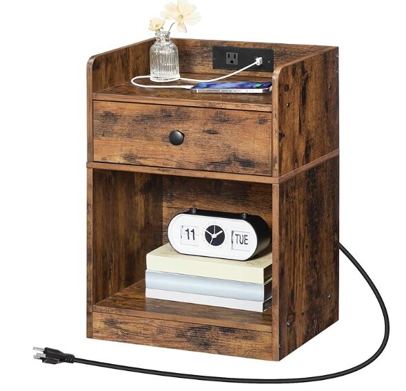 Nightstand with Charging Port End table made of wood with a drawer and an opening shelf. Side Table with USB Ports and Outlets, Bedroom Bedside Table, Simple Design, Brown rust