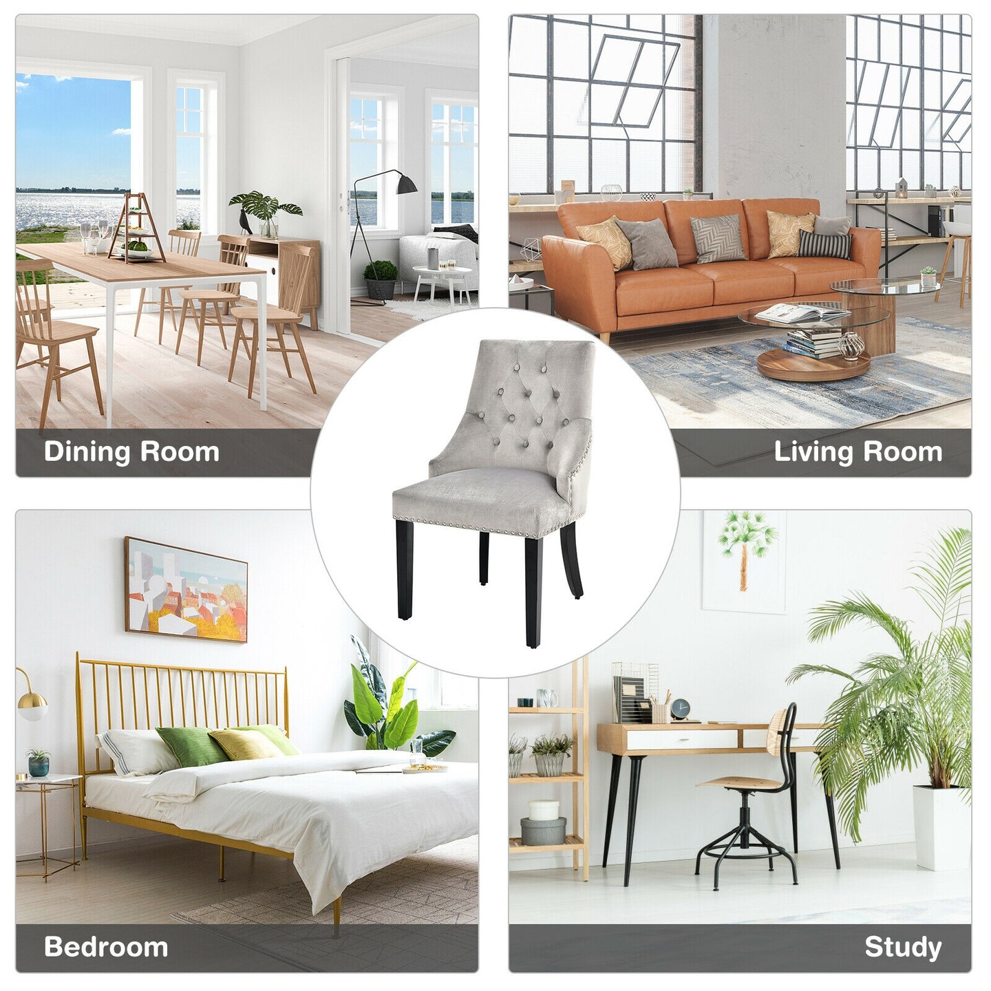Modern Upholstered Button-Tufted Dining Chair with Nailed Trim