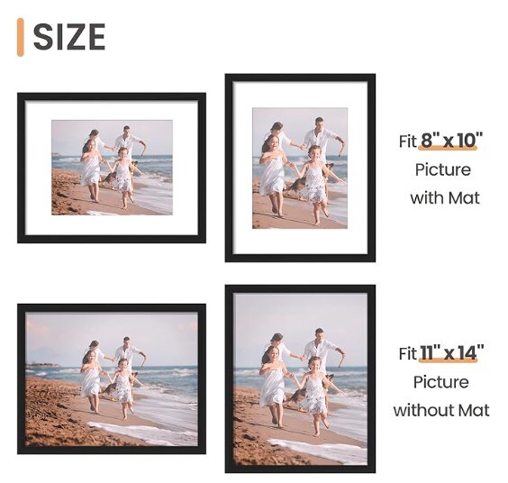 11x14 Picture Frame, Black, Wall Hanging Photo Frame, Display Pictures 8x10 with Mat or 11x14 Without Mat, 1 Pack