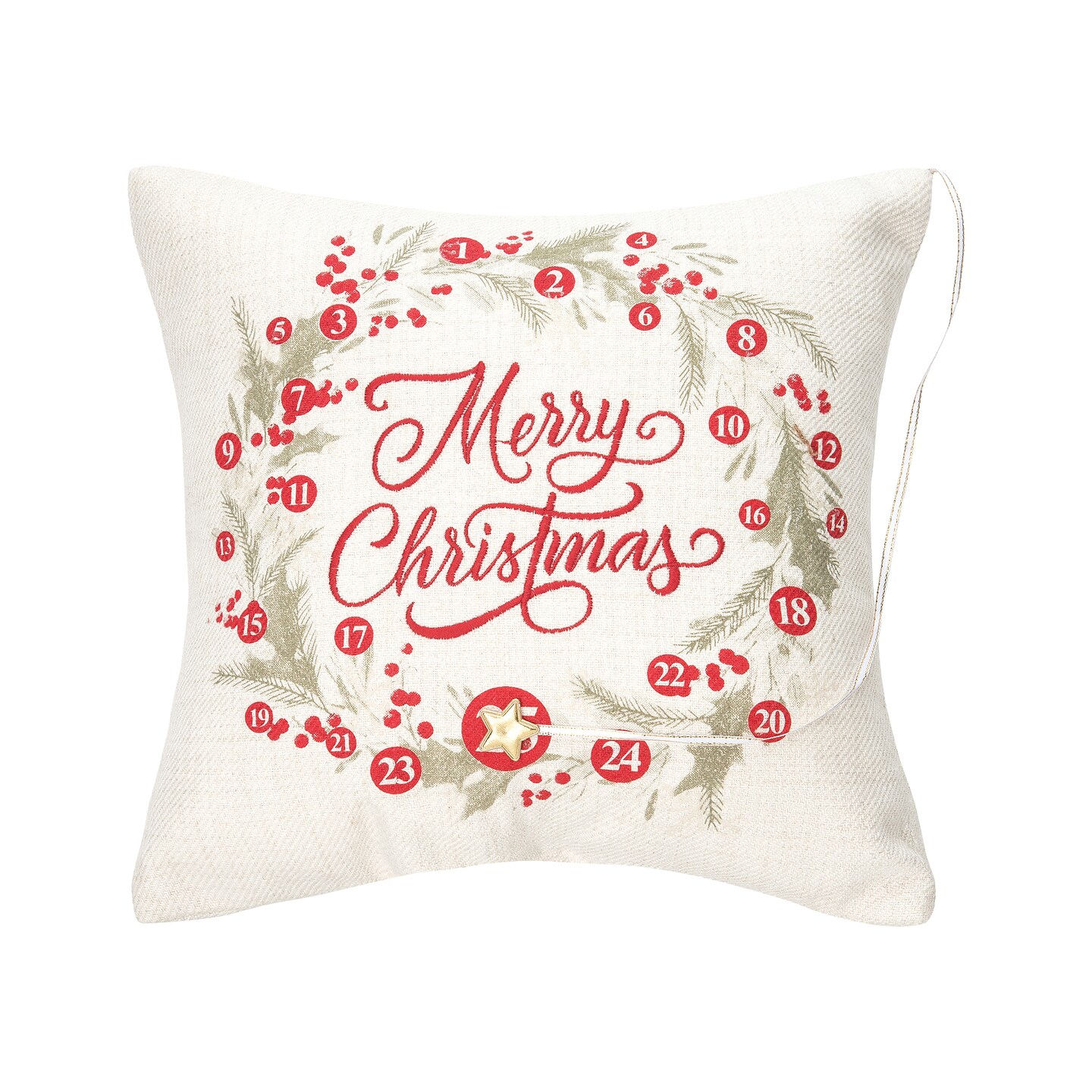 "Merry Christmas" Wreath Mini Advent Calendar Accent Pillow 13.5" x 13.5"