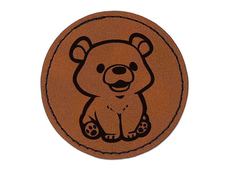 Cute Baby Bear Cub Sitting Round Iron-On Engraved Faux Leather Patch Applique - 2.5&#x22;
