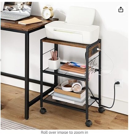 Rustic Brown BF22UPS01 Industrial Printer Stand, 3-Tier Mobile Printer Table, Rolling Cart with Power Outlets and USB Ports, Home Printer Stand with 2 Hooks, for Office, Living Room
