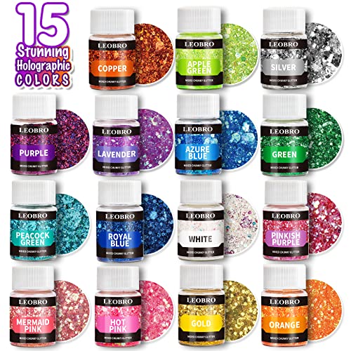 LEOBRO Holographic Chunky Glitter, 15 Colors Craft Glitter for Resin, with 5PCS Mixing Spoon, Cosmetic Glitter for Nail Body Eye Face, Resin Glitter Flakes Sequins for Tumbler Jewelry Crafts Making