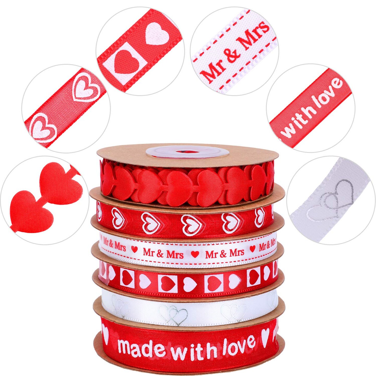 Zhanmai 6 Pieces Valentine&#x27;s Day Ribbons Printed Heart Wired Ribbons Craft Satin Ribbons for Gift Wrapping DIY Supplies