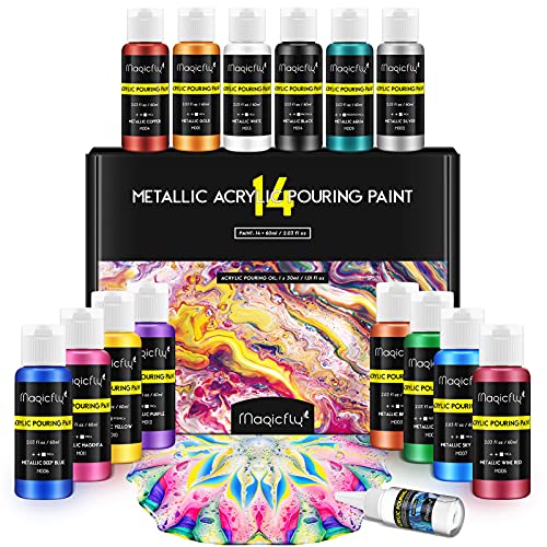 Metallic Acrylic Pouring Paint with Acrylic Pouring Oil, 14 Metallic Colors(60 ml/2 oz) Pre-Mixed High Flow Pour Paint for Halloween Decorations, Acrylic Pouring Paint Supplies for Canvas, Wood, Rocks & More