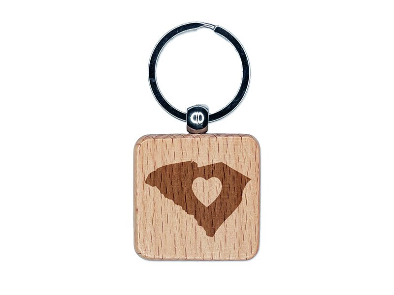 South Carolina State with Heart Engraved Wood Square Keychain Tag Charm