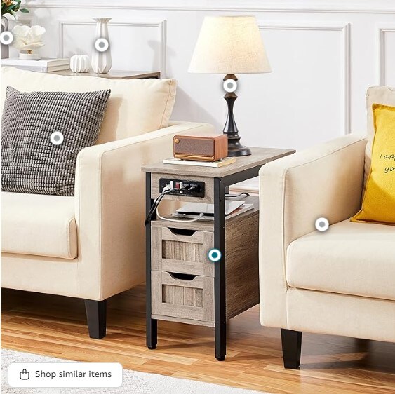 2PCS Narrow Nightstand with Charging Station for Bedroom/Small Space, Gray, Wood Bedside Table with 2 Drawers and Open Shelf, Metal Frame Bedside Cupboard Storage Cabinet with 2 USB Ports for Bedroom/Small Space