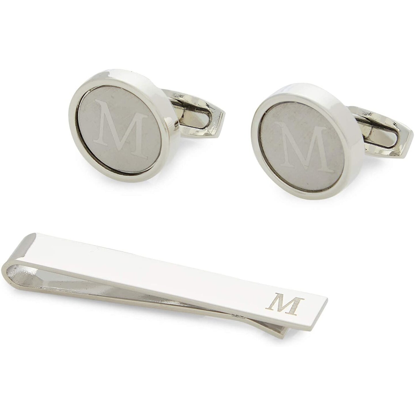 Men&#x27;s Initial Cufflinks Set and Tie Clips with Gift Box, Alphabet Letter Monogram M