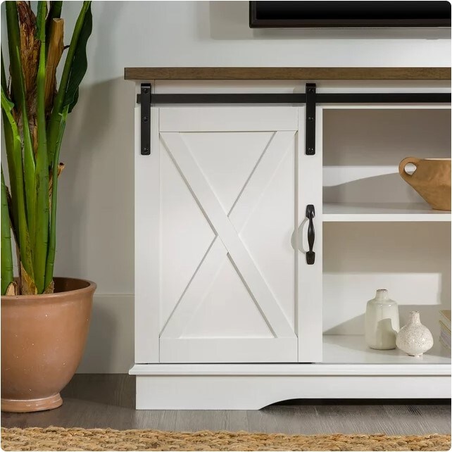White/Reclaimed Barnwood Farmhouse Sliding Barn Door TV Stand for TVs up to 65&#x22;