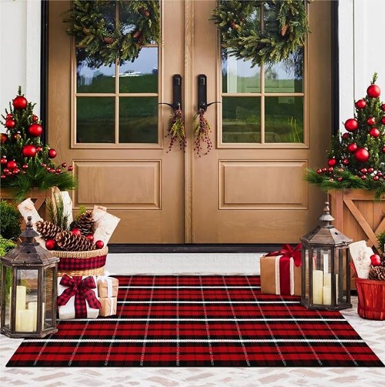 Outdoor Christmas Door Mat 24&#x22;X51&#x22;,Red/Black Buffalo Plaid Rug,Washable Cotton Hand-Woven Layered Door Mats,Reversible Outdoor Christmas Decoration for Front Porch,Entryway,Kitchen