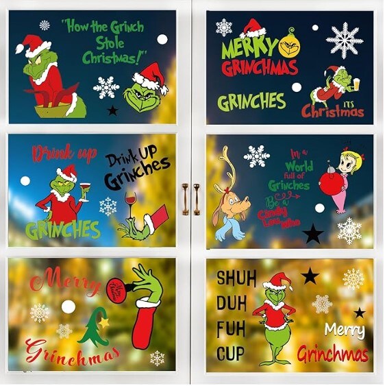 120 Cute Grinch Christmas Double Window Clings - Festive Decorations for Home, School, and Office - 10 Sheets of Christmas Window Stickers - Ideal for Christmas Party Supplies