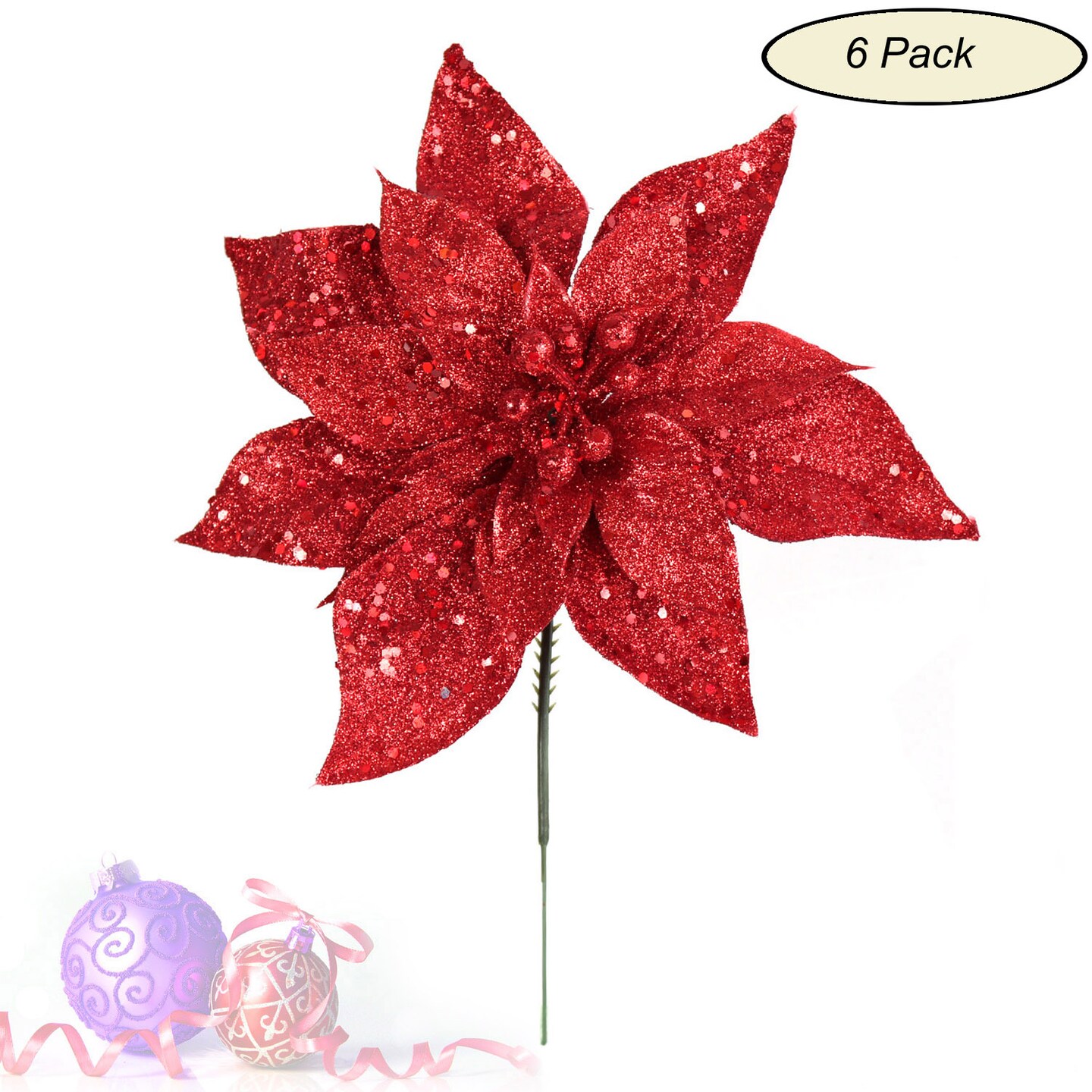 6-Pack: Sparkling Red Glitter Poinsettia Flower Picks - 8.5" Wide, Floral Home by Artificial Flowers