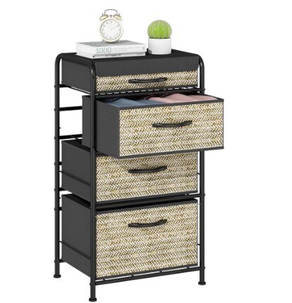Dresser with 4 Drawers, Fabric Bedroom Dresser, Fabric Storage Tower, Small Dresser Chest of Drawers Organiser Storage Fabric Dresser with Sturdy Steel Frame