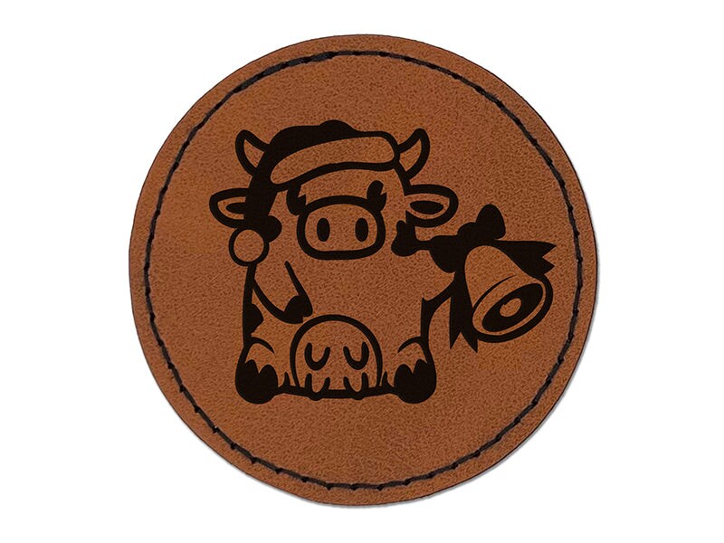 Christmas Cow Santa Hat Bell Round Iron-On Engraved Faux Leather Patch Applique - 2.5&#x22;
