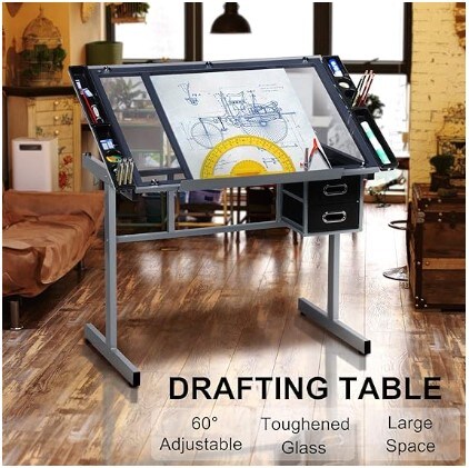Adjustable Glass Drafting Drafting Study Table for Diamond/Versatile Art Craft Station w/ 2 Slide Rolling Wheels and Drawers for Artist Painters Home Office
